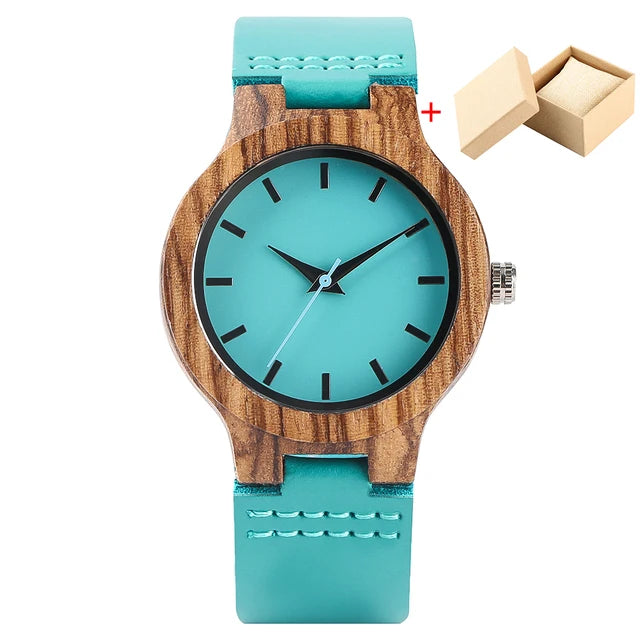 Minimalist Scale Blue Dial Quartz Wood Watches for Men Women Couple Styles Genuine Leather Lover's Wristwatches Zebrawood Watch