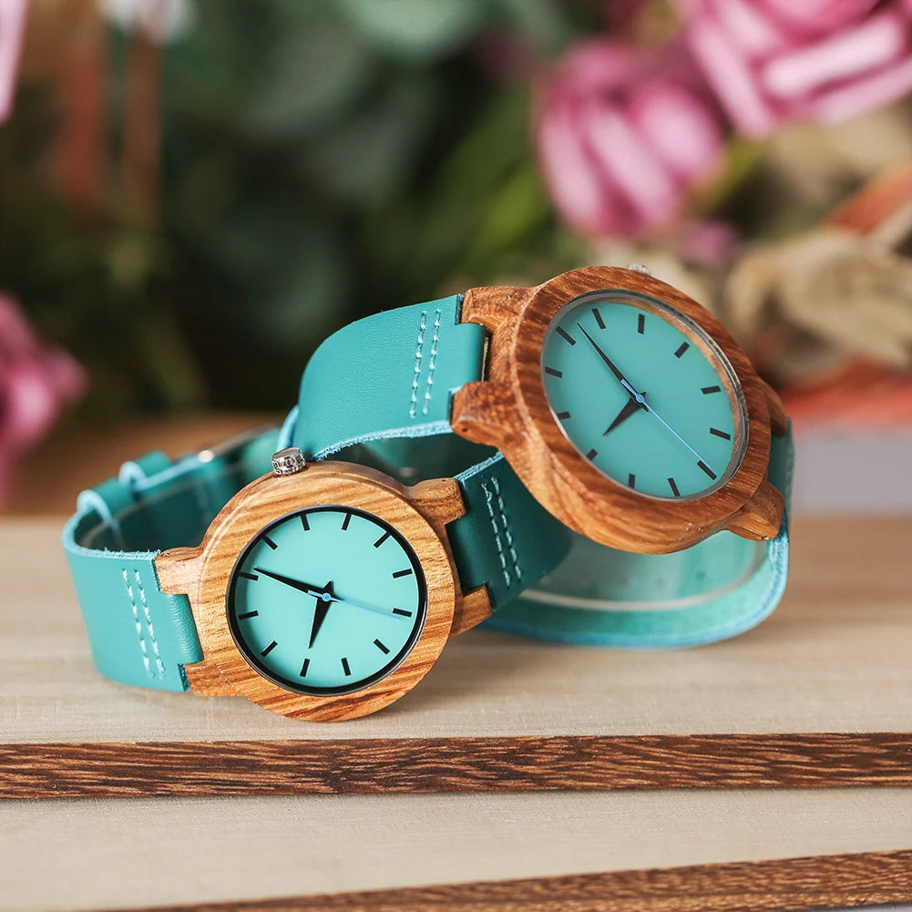 Minimalist Scale Blue Dial Quartz Wood Watches for Men Women Couple Styles Genuine Leather Lover's Wristwatches Zebrawood Watch