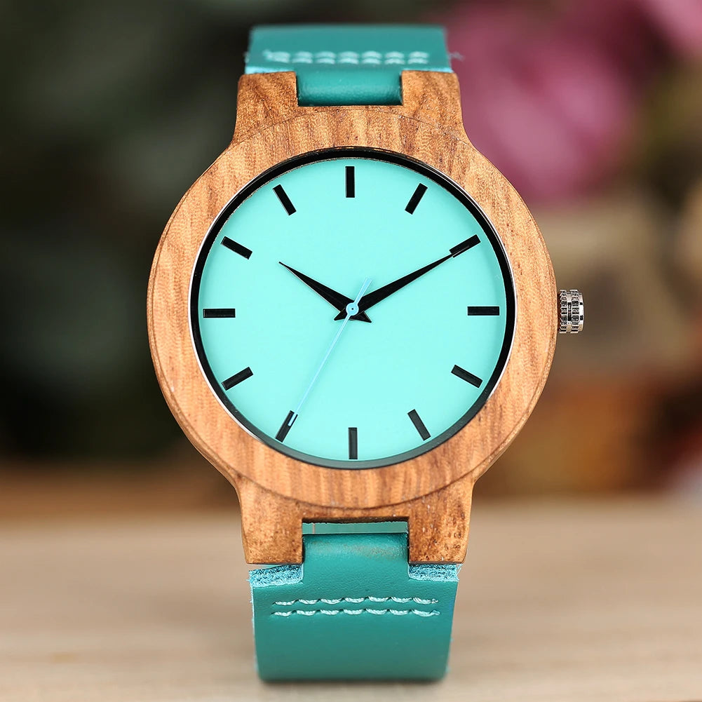 Minimalist Scale Blue Dial Quartz Wood Watches for Men Women Couple Styles Genuine Leather Lover's Wristwatches Zebrawood Watch