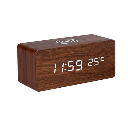 Modern Wooden Digital LED Desk Alarm Clock Thermometer with Wireless Charger