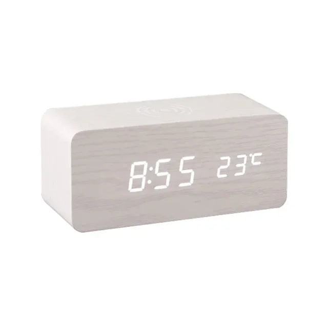 Modern Wooden Digital LED Desk Alarm Clock Thermometer with Wireless Charger