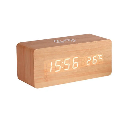 Modern Wooden Digital LED Desk Alarm Clock Thermometer with Wireless Charger