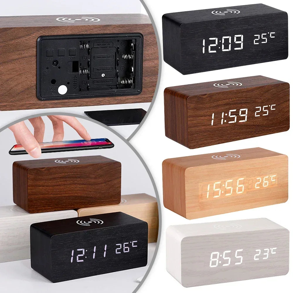 Modern Wooden Digital LED Desk Alarm Clock Thermometer with Wireless Charger