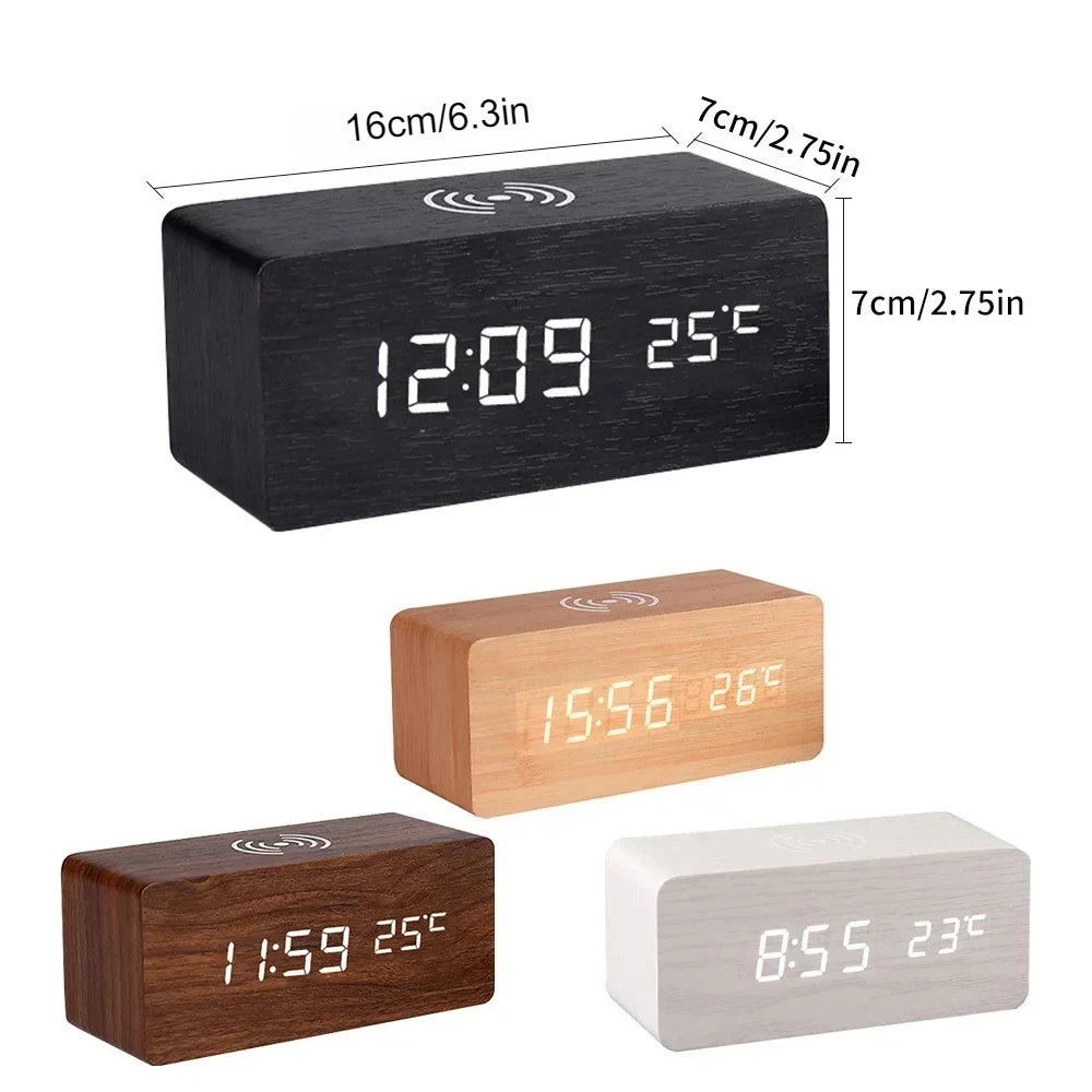 Modern Wooden Digital LED Desk Alarm Clock Thermometer with Wireless Charger