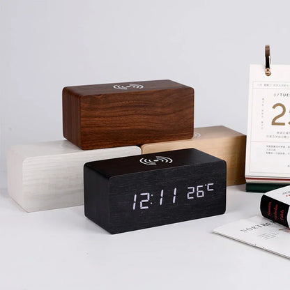 Modern Wooden Digital LED Desk Alarm Clock Thermometer with Wireless Charger