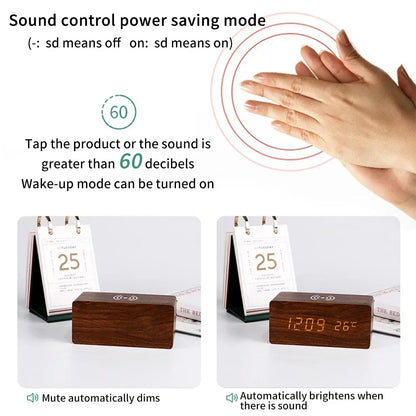 Modern Wooden Digital LED Desk Alarm Clock Thermometer with Wireless Charger