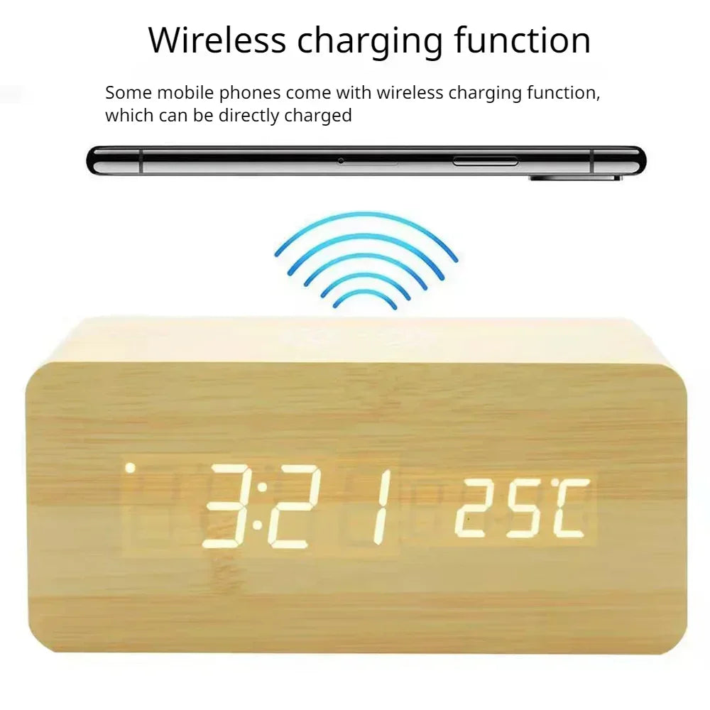 Modern Wooden Digital LED Desk Alarm Clock Thermometer with Wireless Charger