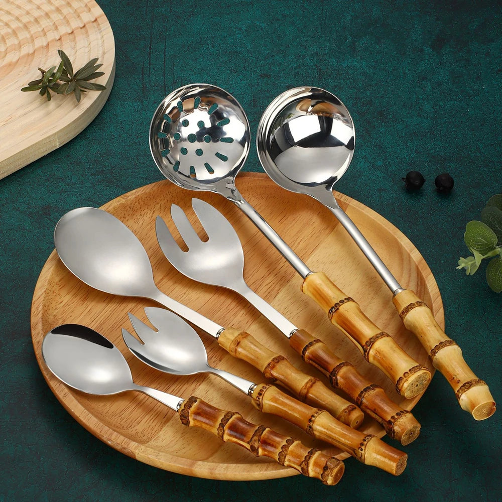 Natural Bamboo Handle Stainless Steel Kitchen Utensils Set