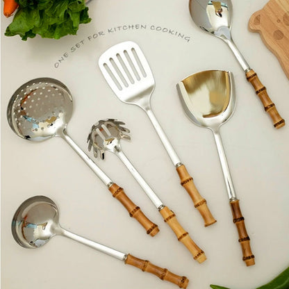 Natural Bamboo Handle Stainless Steel Kitchen Utensils Set