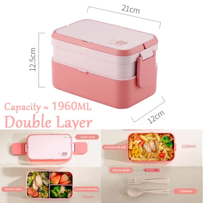 Portable Lunch Box Bamboo Fiber 3-in-1 Double Layer Bento Box