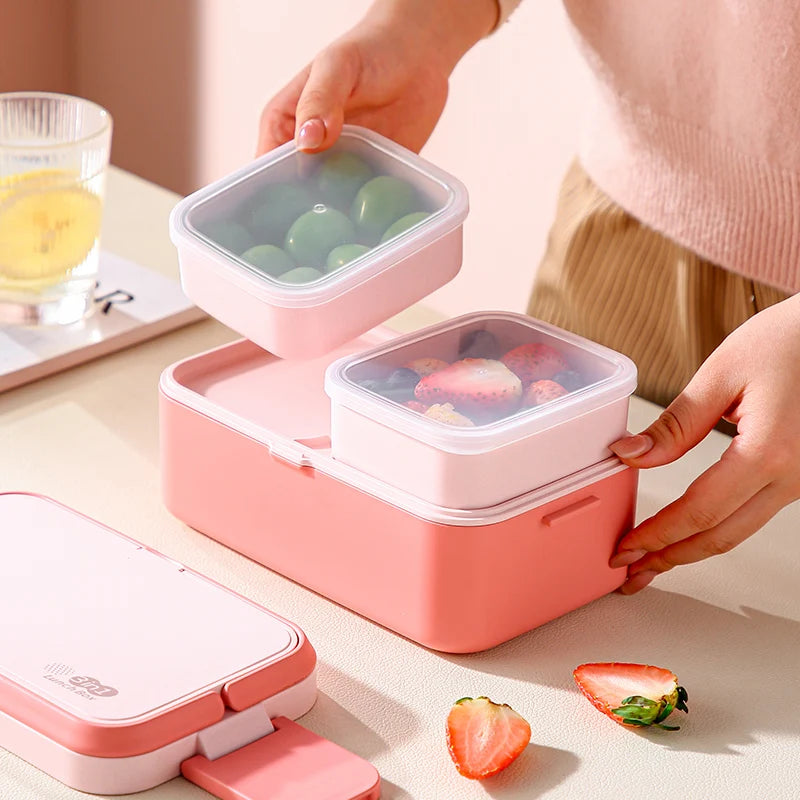 Portable Lunch Box Bamboo Fiber 3-in-1 Double Layer Bento Box