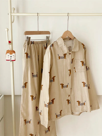 Spring Autumn 100% Cotton Women's Pajamas Cute Dachshund Print Two Pieces Set Long Sleeve Tops Full Length Pants Sleepwear