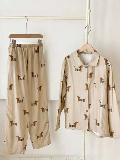 Spring Autumn 100% Cotton Women's Pajamas Cute Dachshund Print Two Pieces Set Long Sleeve Tops Full Length Pants Sleepwear