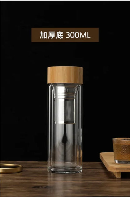 Stainless Steel Double Wall Glass Water Bottle with Bamboo Lid and Tea Infuser