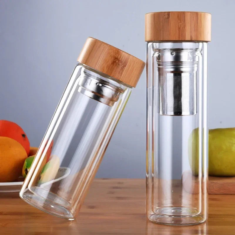 Stainless Steel Double Wall Glass Water Bottle with Bamboo Lid and Tea Infuser