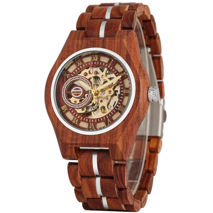 Stylish Retro Wooden Automatic Mechanical Men's Watch with Roman Numerals Display