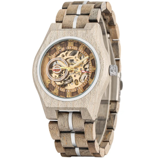 Stylish Retro Wooden Automatic Mechanical Men's Watch with Roman Numerals Display