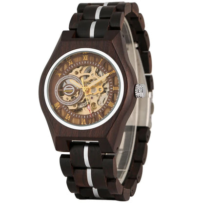 Stylish Retro Wooden Automatic Mechanical Men's Watch with Roman Numerals Display