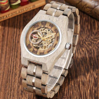 Stylish Retro Wooden Automatic Mechanical Men's Watch with Roman Numerals Display