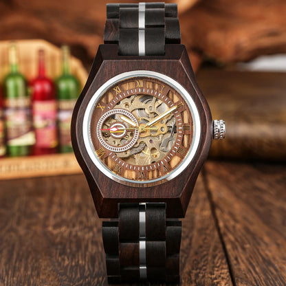 Stylish Retro Wooden Automatic Mechanical Men's Watch with Roman Numerals Display