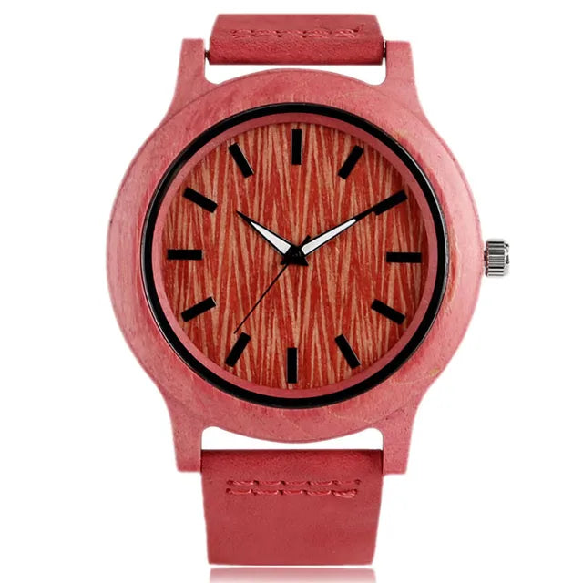 Stylish Simple Green/Red Bamboo Wood Watch – Women’s Genuine Leather Quartz Wristwatch