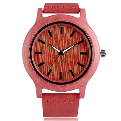 Stylish Simple Green/Red Bamboo Wood Watch – Women’s Genuine Leather Quartz Wristwatch