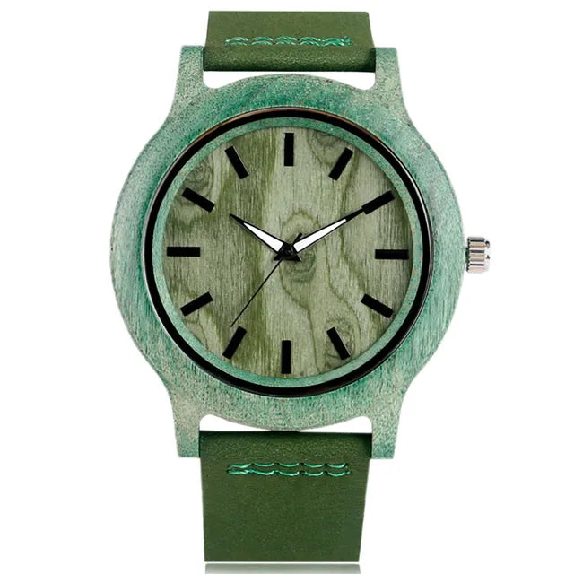 Stylish Simple Green/Red Bamboo Wood Watch – Women’s Genuine Leather Quartz Wristwatch