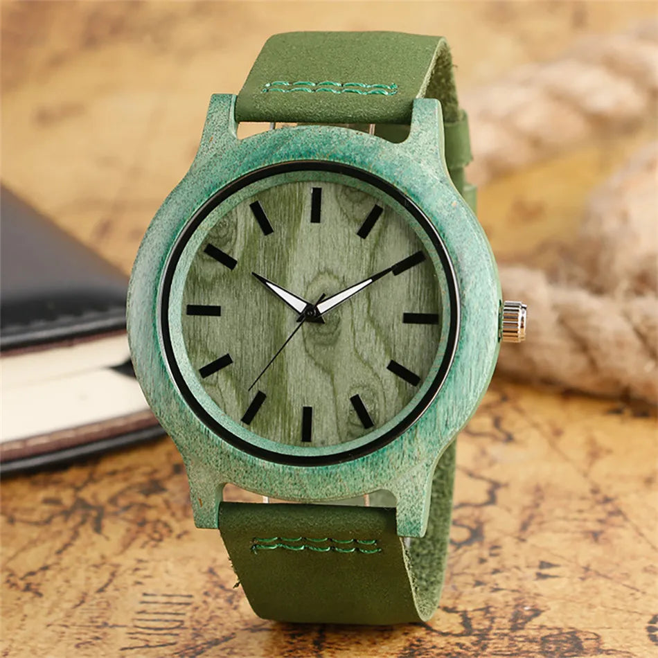 Stylish Simple Green/Red Bamboo Wood Watch – Women’s Genuine Leather Quartz Wristwatch