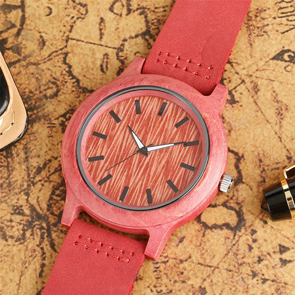 Stylish Simple Green/Red Bamboo Wood Watch – Women’s Genuine Leather Quartz Wristwatch