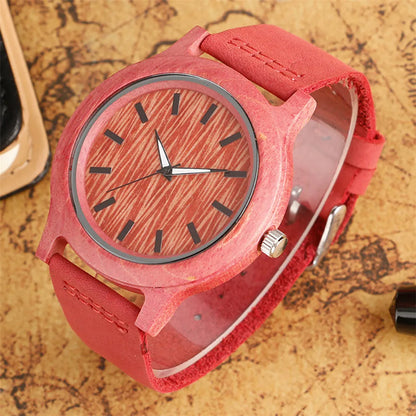 Stylish Simple Green/Red Bamboo Wood Watch – Women’s Genuine Leather Quartz Wristwatch