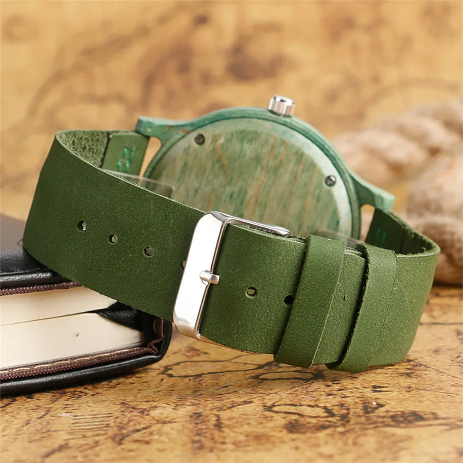 Stylish Simple Green/Red Bamboo Wood Watch – Women’s Genuine Leather Quartz Wristwatch