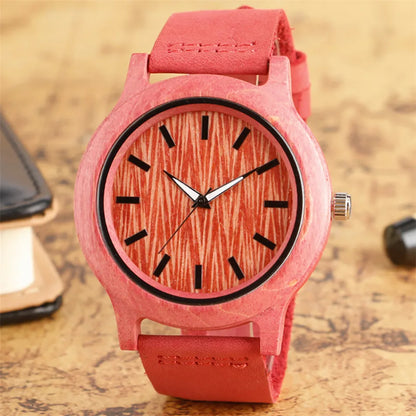 Stylish Simple Green/Red Bamboo Wood Watch – Women’s Genuine Leather Quartz Wristwatch