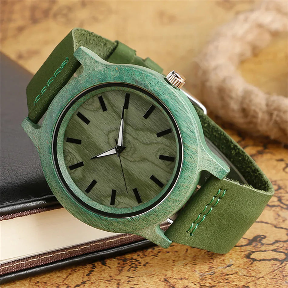 Stylish Simple Green/Red Bamboo Wood Watch – Women’s Genuine Leather Quartz Wristwatch