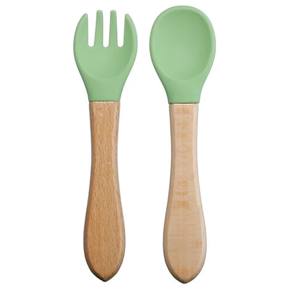 Baby Silicone Fork & Spoon Set with Wooden Handle