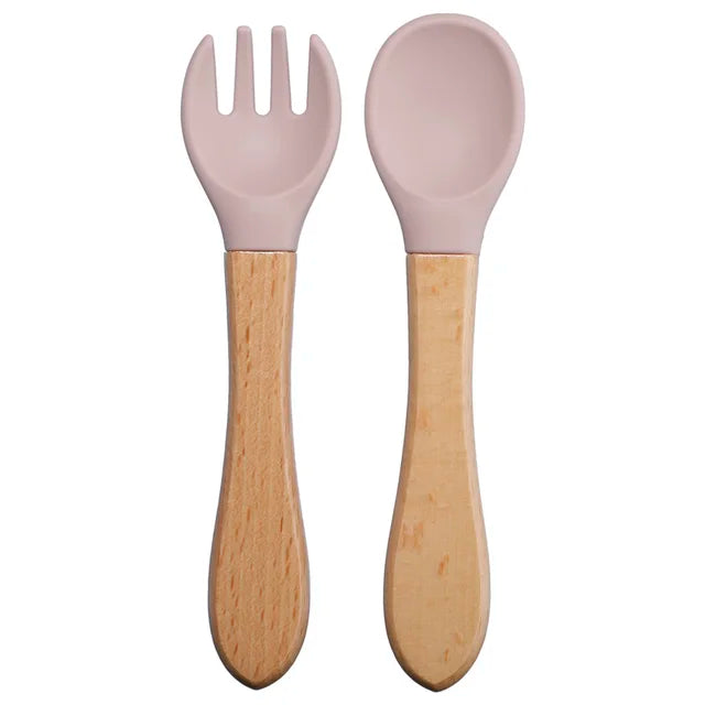 Baby Silicone Fork & Spoon Set with Wooden Handle