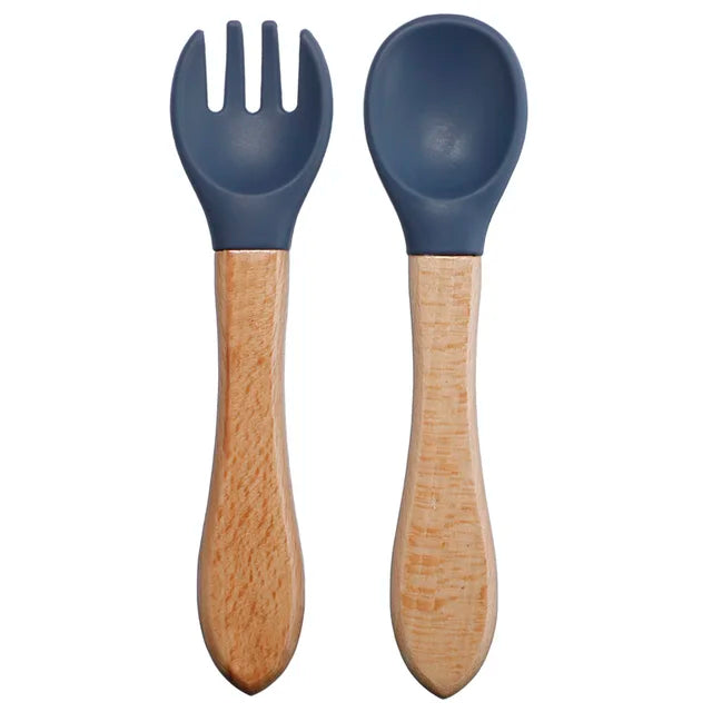 Baby Silicone Fork & Spoon Set with Wooden Handle