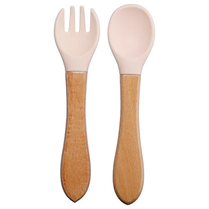 Baby Silicone Fork & Spoon Set with Wooden Handle