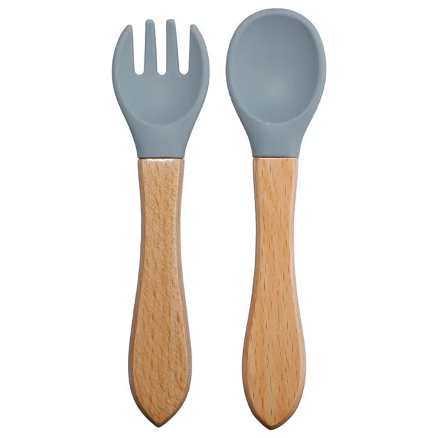 Baby Silicone Fork & Spoon Set with Wooden Handle