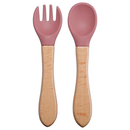 Baby Silicone Fork & Spoon Set with Wooden Handle