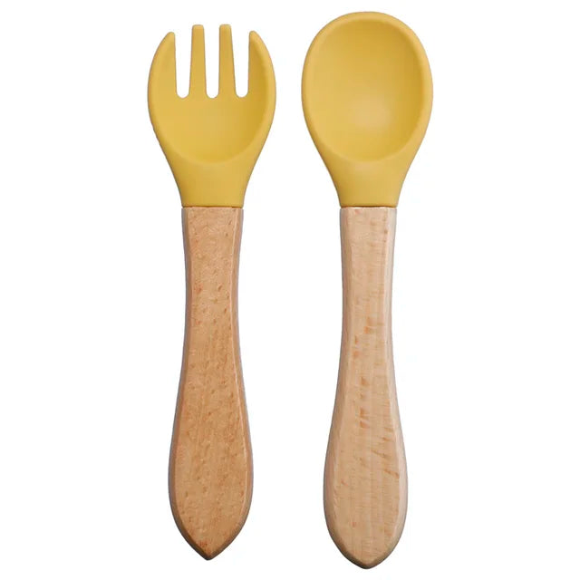 Baby Silicone Fork & Spoon Set with Wooden Handle