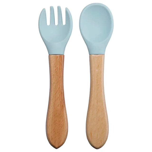 Baby Silicone Fork & Spoon Set with Wooden Handle