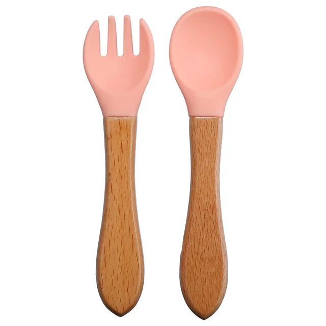 Baby Silicone Fork & Spoon Set with Wooden Handle