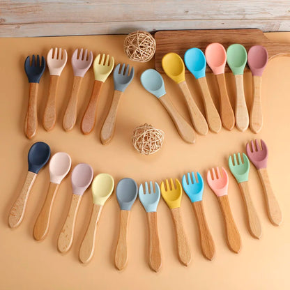 Baby Silicone Fork & Spoon Set with Wooden Handle