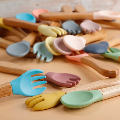 Baby Silicone Fork & Spoon Set with Wooden Handle