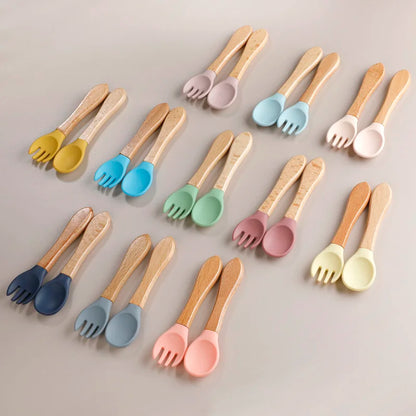 Baby Silicone Fork & Spoon Set with Wooden Handle