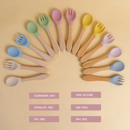 Baby Silicone Fork & Spoon Set with Wooden Handle