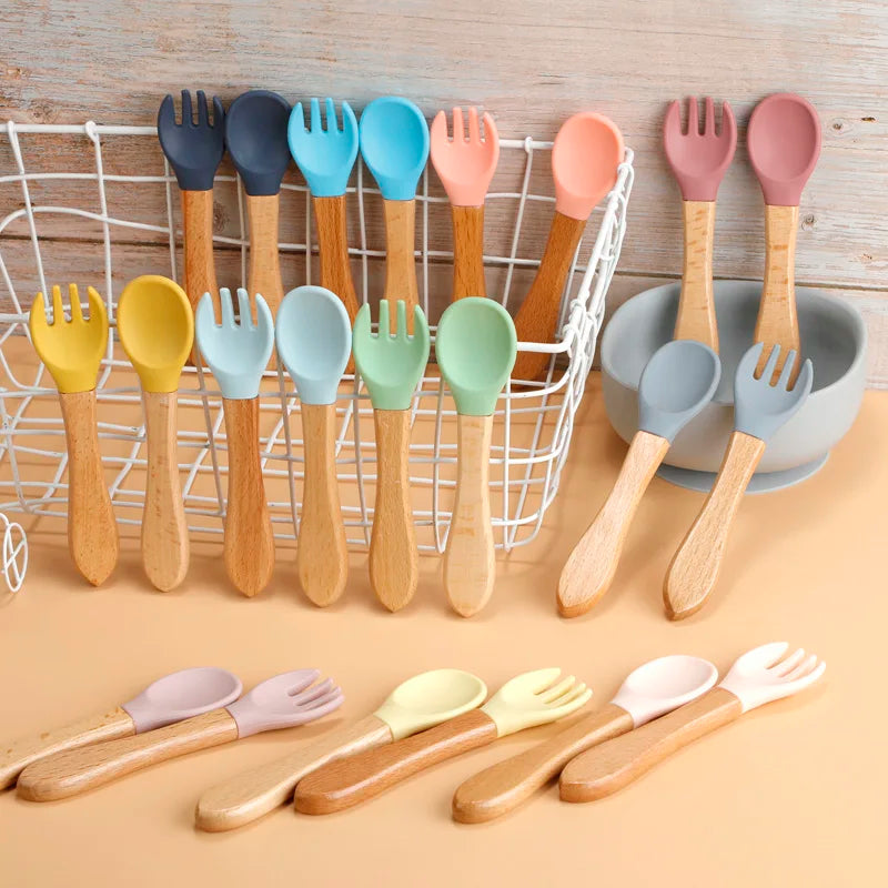 Baby Silicone Fork & Spoon Set with Wooden Handle