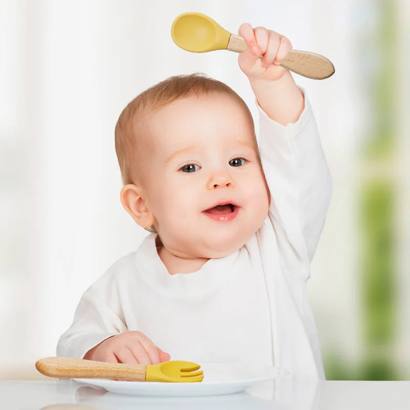 Baby Silicone Fork & Spoon Set with Wooden Handle