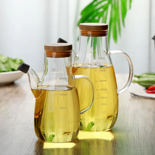 Bouteille d'huile en verre transparent avec couvercle et poignée, résistante à la chaleur, 500/800 ml, contenant de protection de l'environnement pour sauce au vinaigre de soja