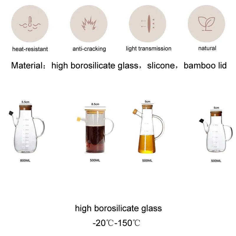 Transparent Glass Oil Bottle with Lid Handle Scale Heat-Resistant 500/800ml Soy Vinegar Sauce Environmental Protection Container